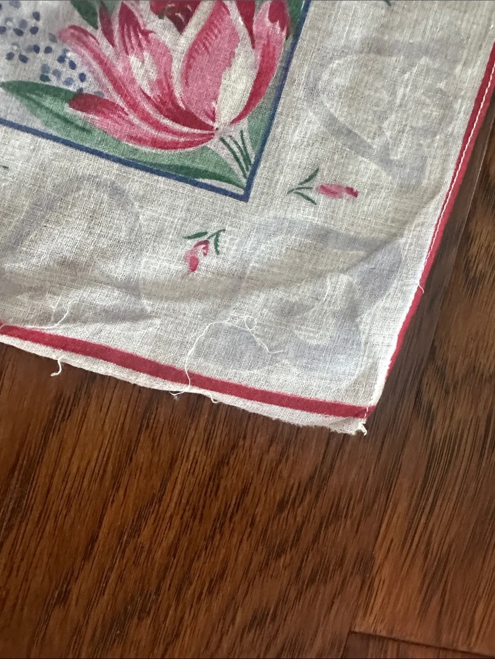 Vintage Floral Cotton Handkerchief with Blue Border